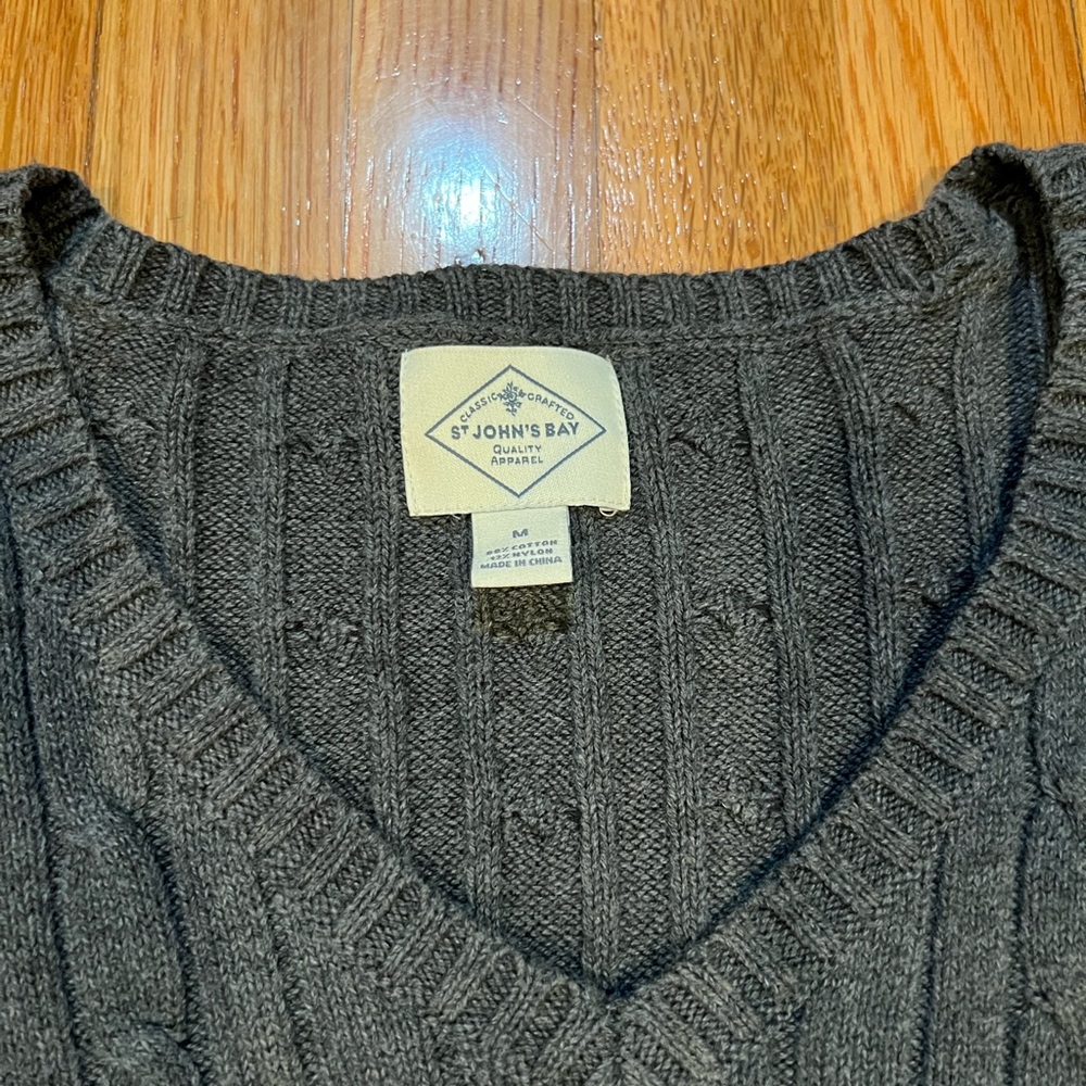 St. John's Bay Men's Dark Charcoal Cable V-Neck Sweater